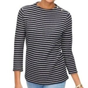 Talbots Black White Striped 3/4 Sleeve Knit Pullover Button Shoulder Size Medium